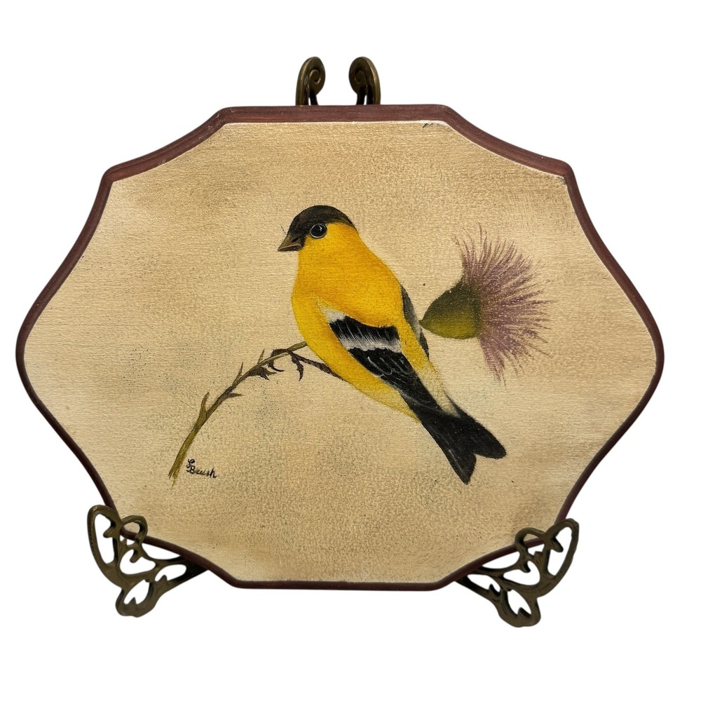 Hand Painted American Goldfinch Bird on Thistle Signed Wood Plaque Art Decor